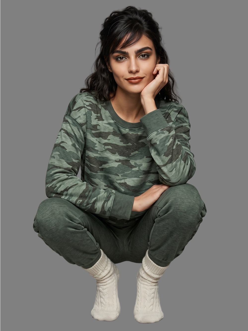 SPLENDID Olive Green Camo Sweatshirt and Jogger Sweatpants Long sleeve Crew neck - Picture 12 of 15